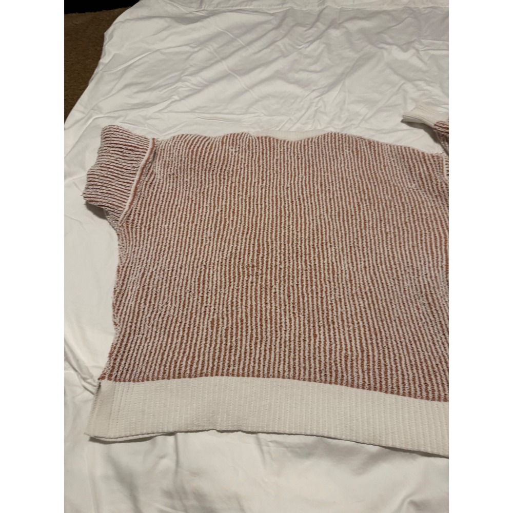 Chenille Striped Crewneck Sweater Rust Orange White Slouchy Knit Drop Shoulder M - Picture 2 of 4